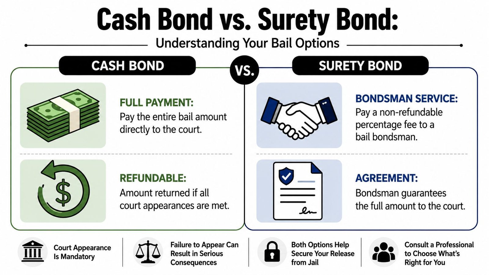 An infographic comparing cash bonds and surety bonds as options for posting bail from jail.