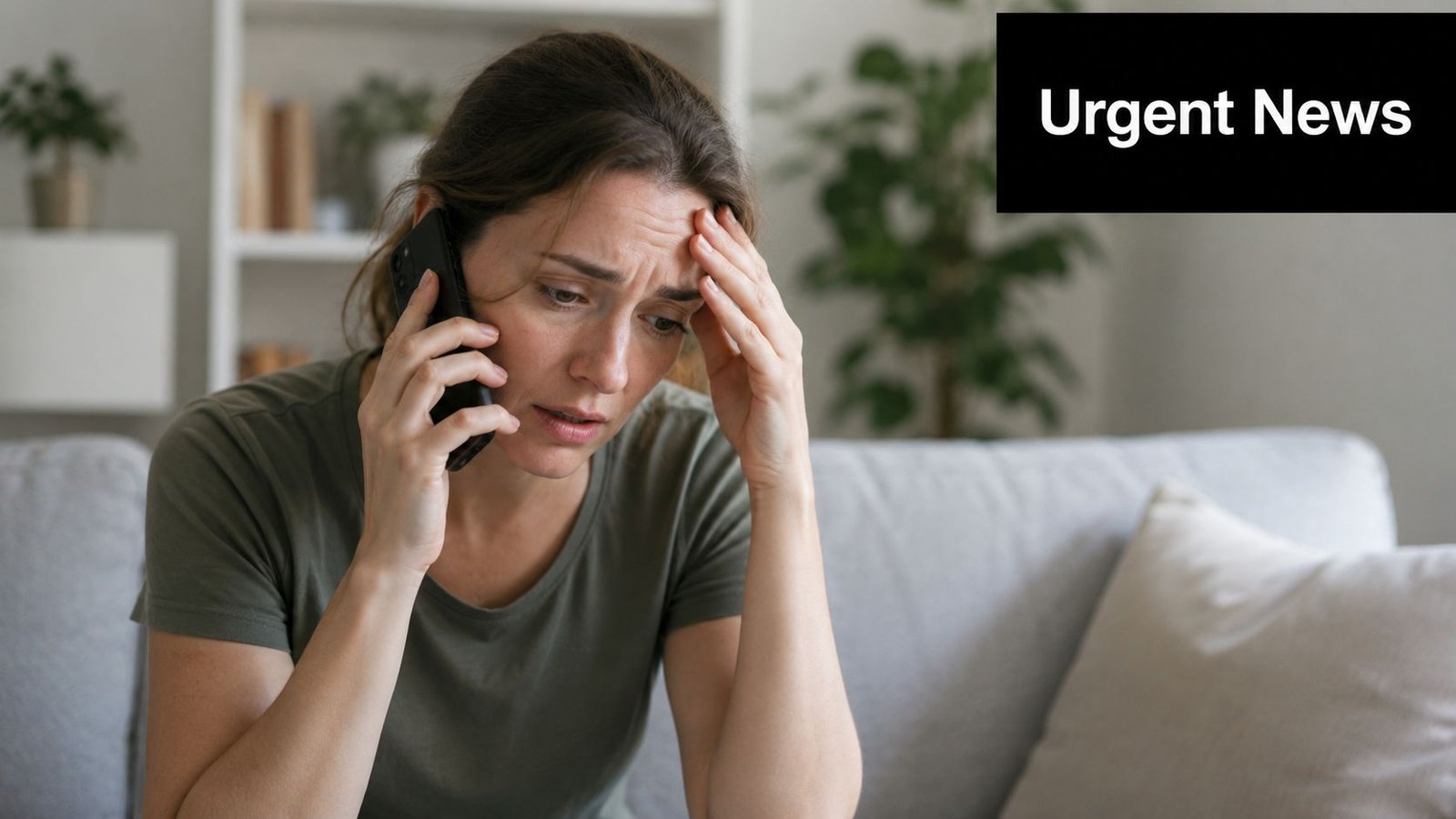 A distressed woman sits on a sofa while talking on her phone, looking anxious and worried.