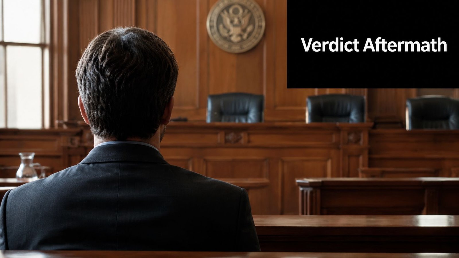 A man in a suit sits in a courtroom, looking toward the judge's bench after a legal verdict.