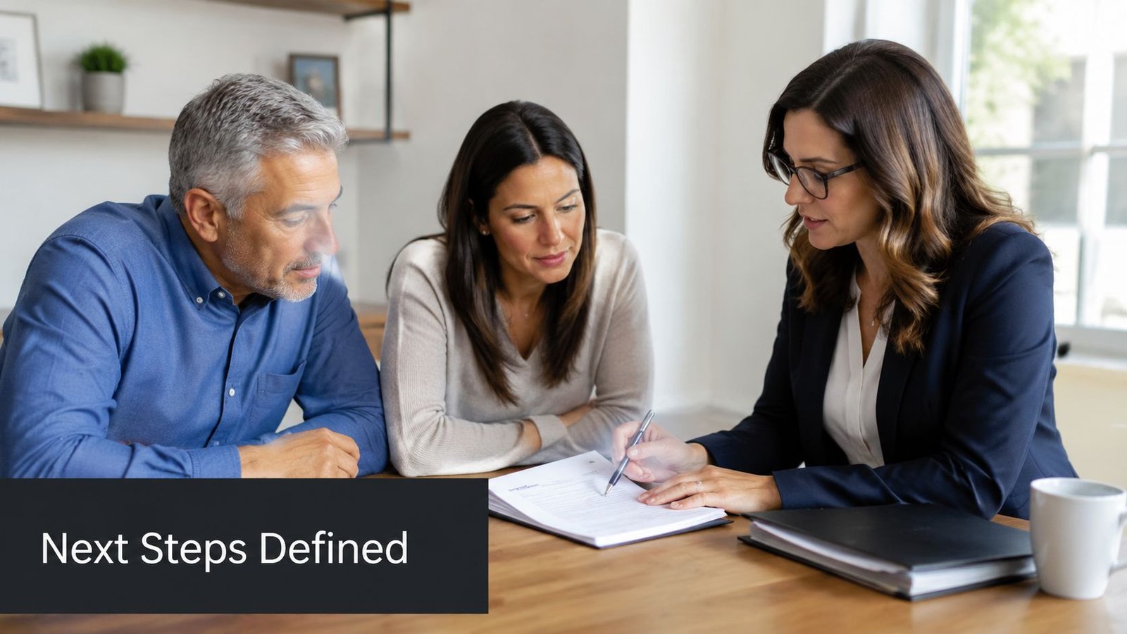 A professional advisor discussing legal or financial documents with a couple at a wooden table.