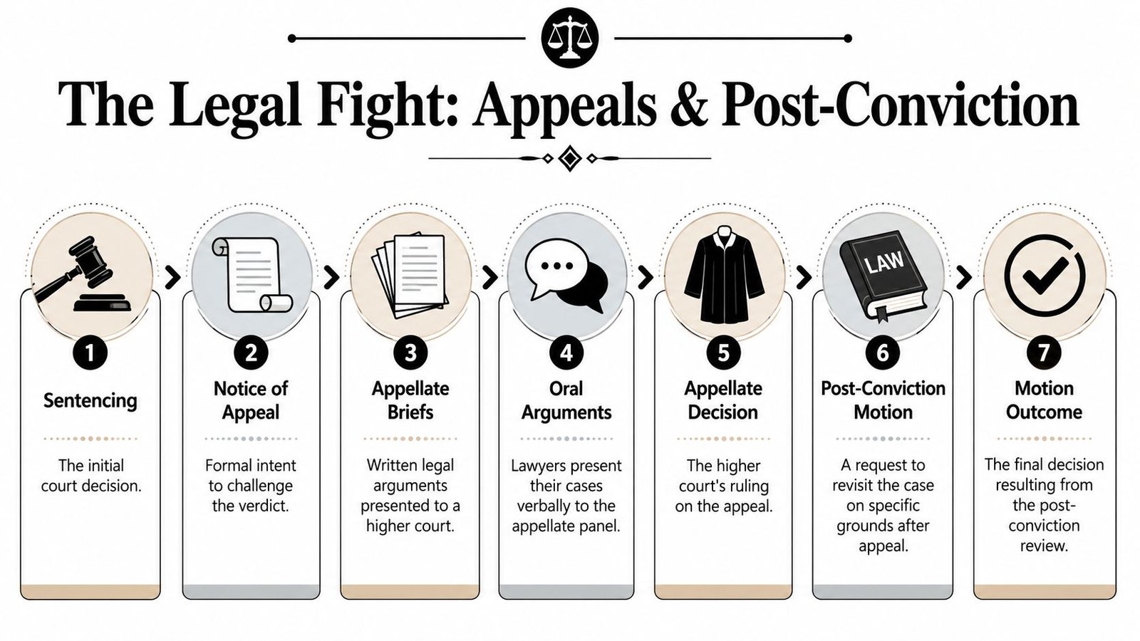 A seven-step flowchart illustrating the legal process of appeals and post-conviction motions in the criminal justice system.