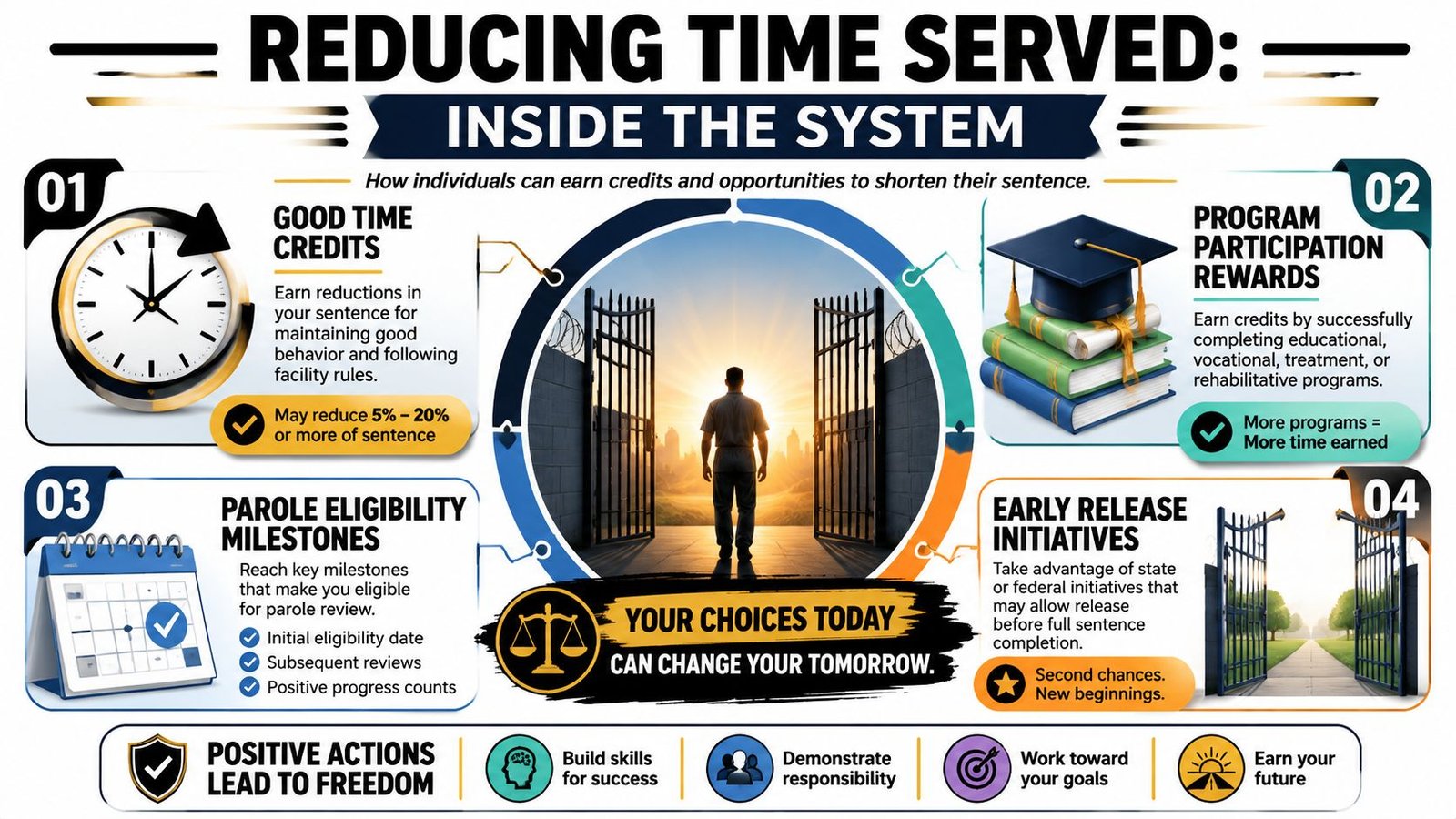 An infographic titled Reducing Time Served explaining ways individuals can shorten their prison sentence through positive actions.