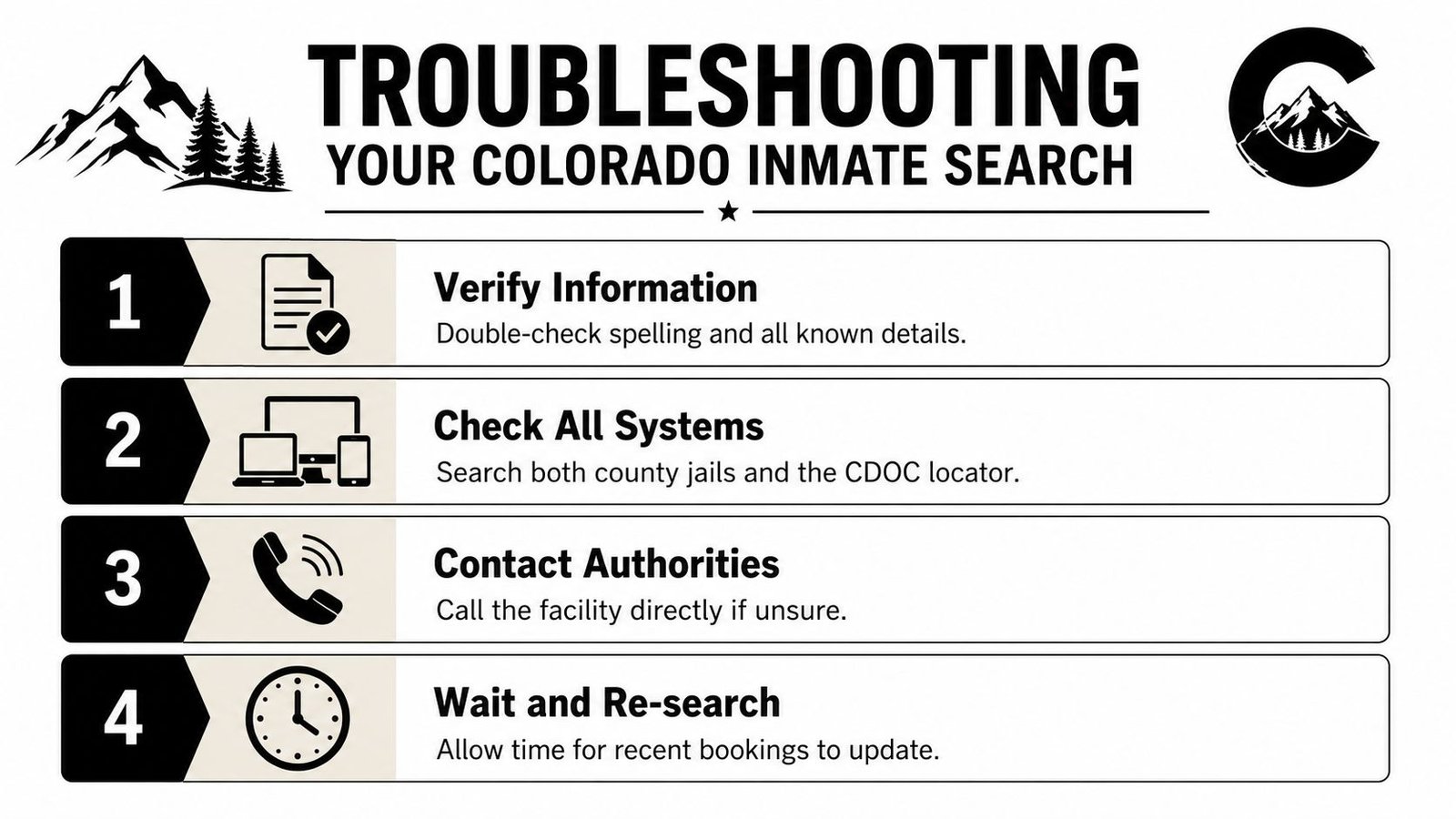 An infographic titled Troubleshooting Your Colorado Inmate Search showing four steps for finding an inmate.