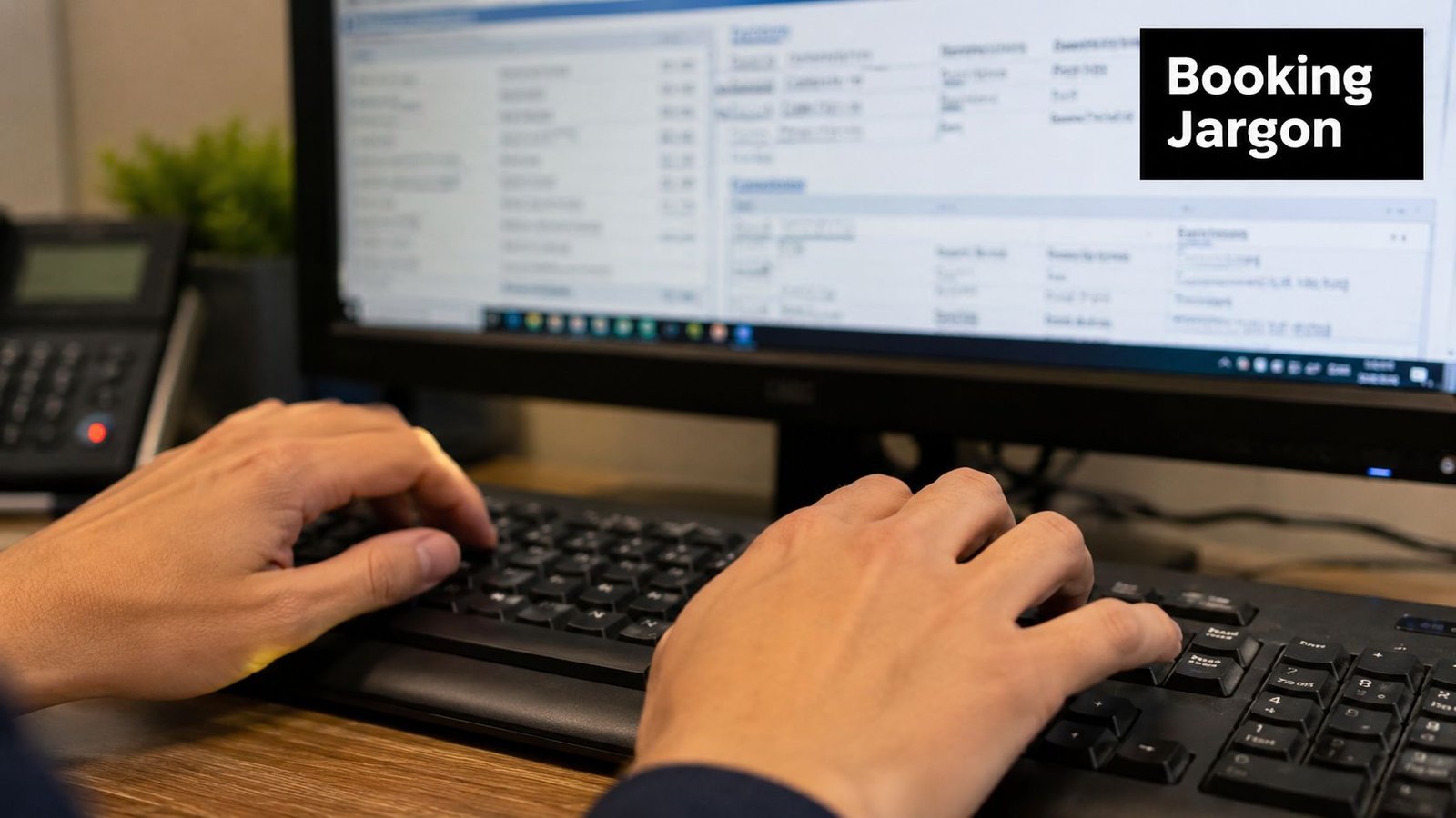 A close-up view of hands typing on a black computer keyboard at a desk office setting.