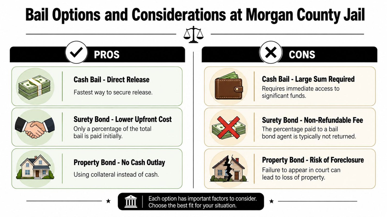 A comparison chart outlining the pros and cons of cash, surety, and property bail options in Morgan County.
