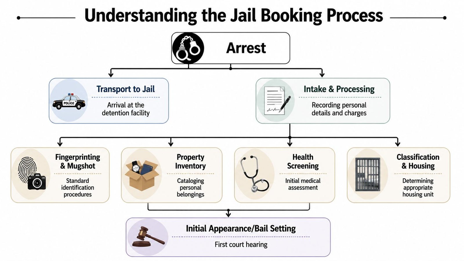 A flow chart illustrating the step-by-step jail booking process starting from arrest to initial court appearance.