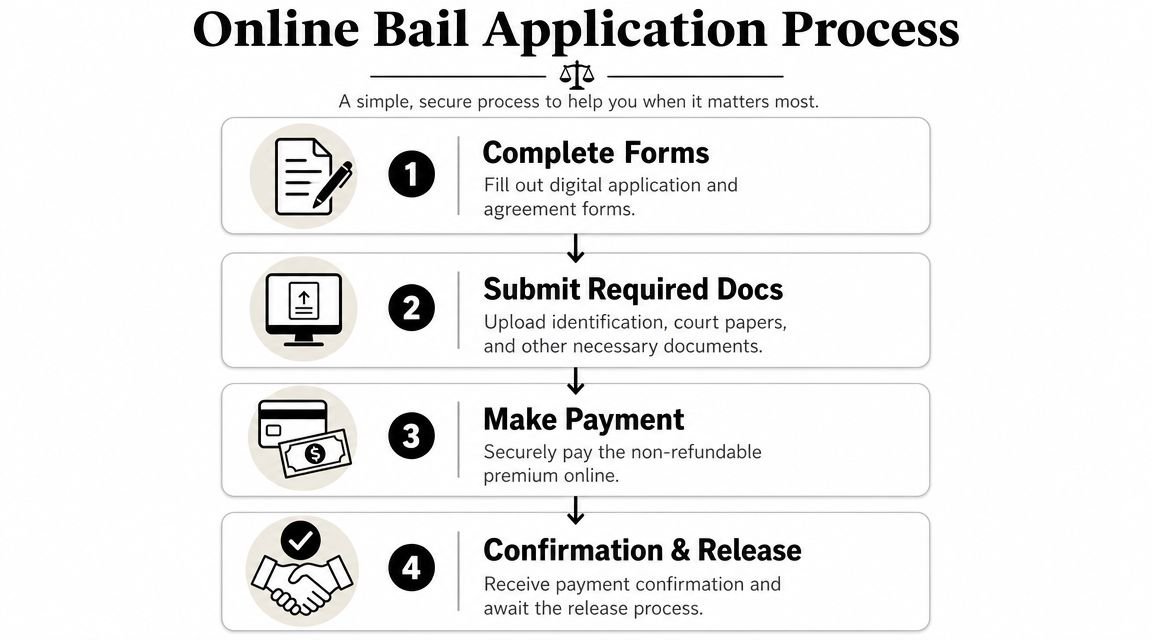 A four-step infographic illustrating the easy and secure online bail bond application process from start to finish.