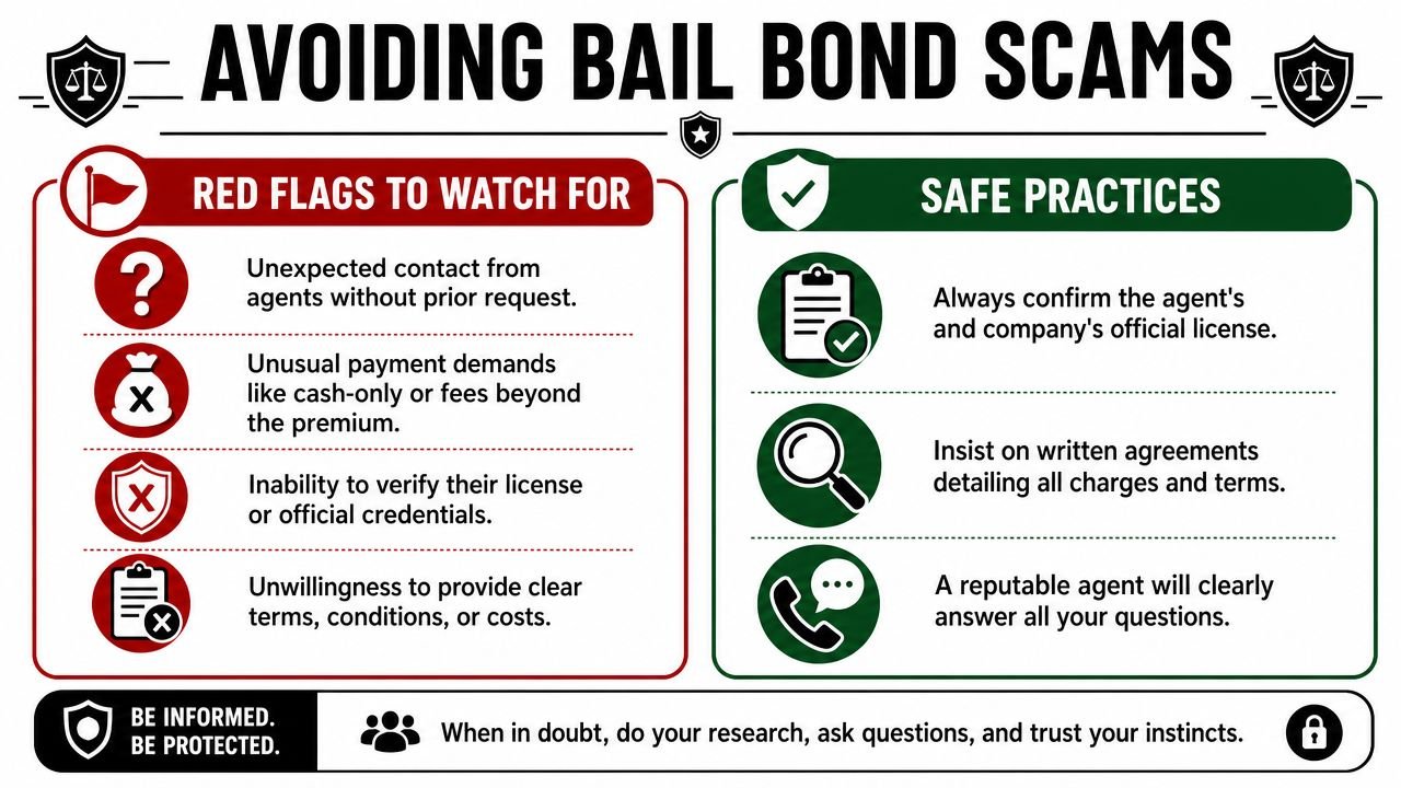 An infographic titled Avoiding Bail Bond Scams, detailing common red flags and safe practices for bail bond services.