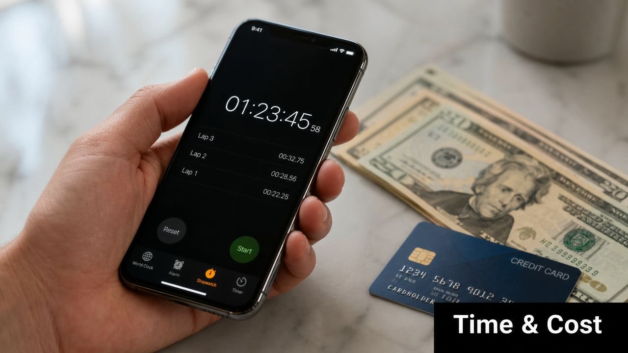 A person holding a smartphone showing a stopwatch app next to US currency and a credit card.