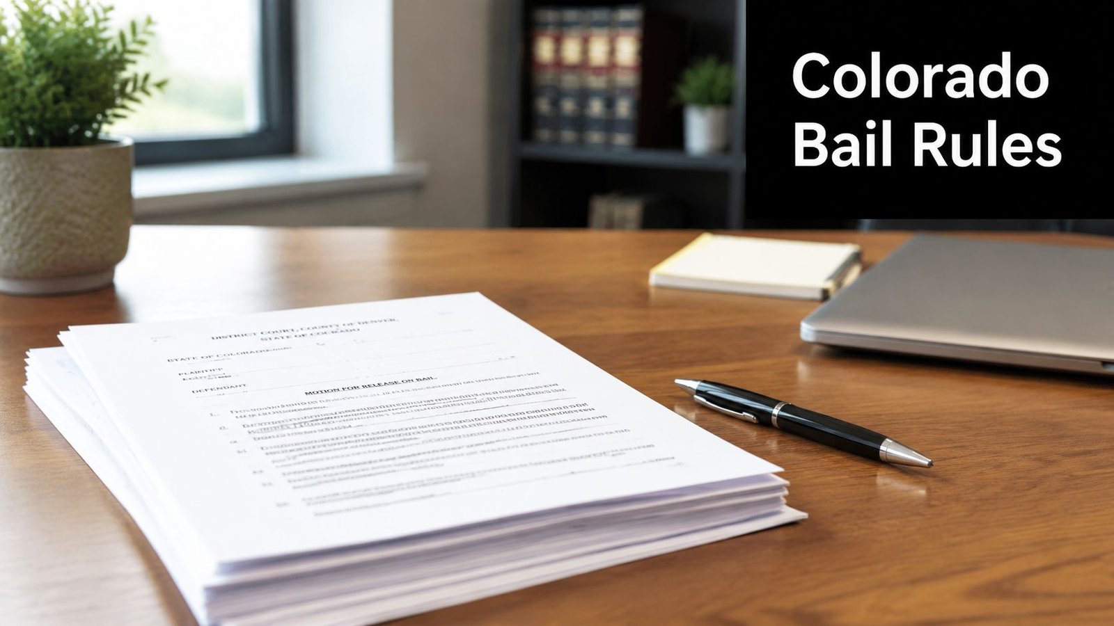 A stack of legal documents for a Motion for Release on Bail sits on a wooden desk.