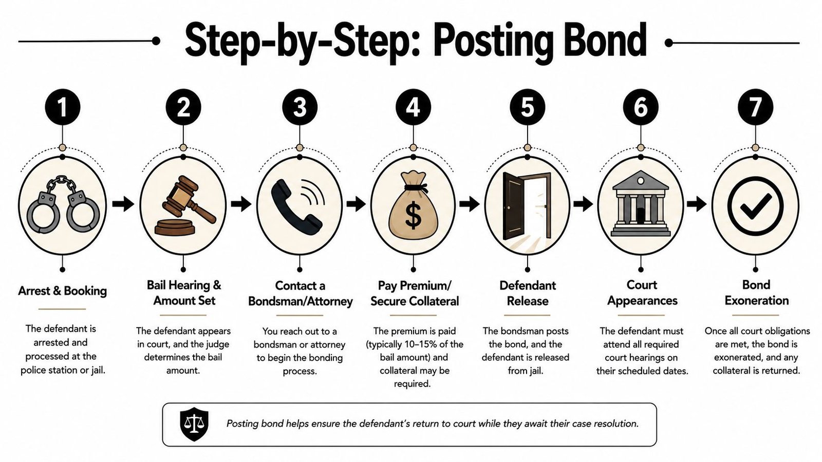 A seven-step infographic explaining the legal process for posting a bond after an arrest occurs.
