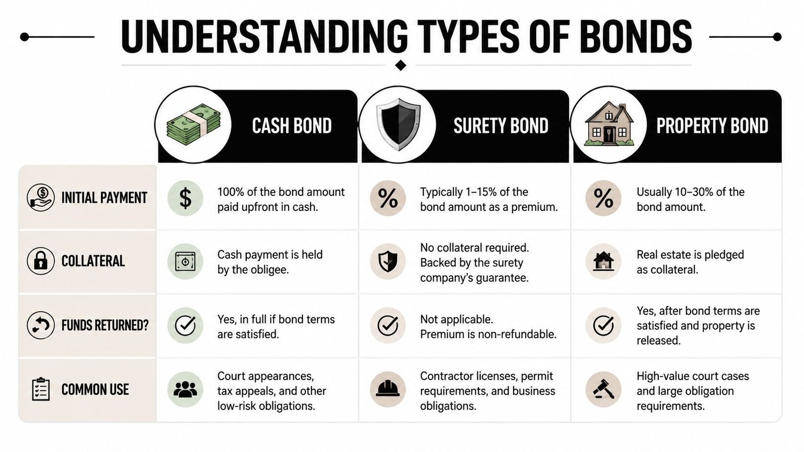 A comparison chart explaining the differences between cash, surety, and property bonds using categories and icons.