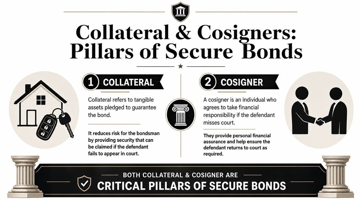An infographic explaining how collateral and cosigners serve as essential components for securing a bail bond.