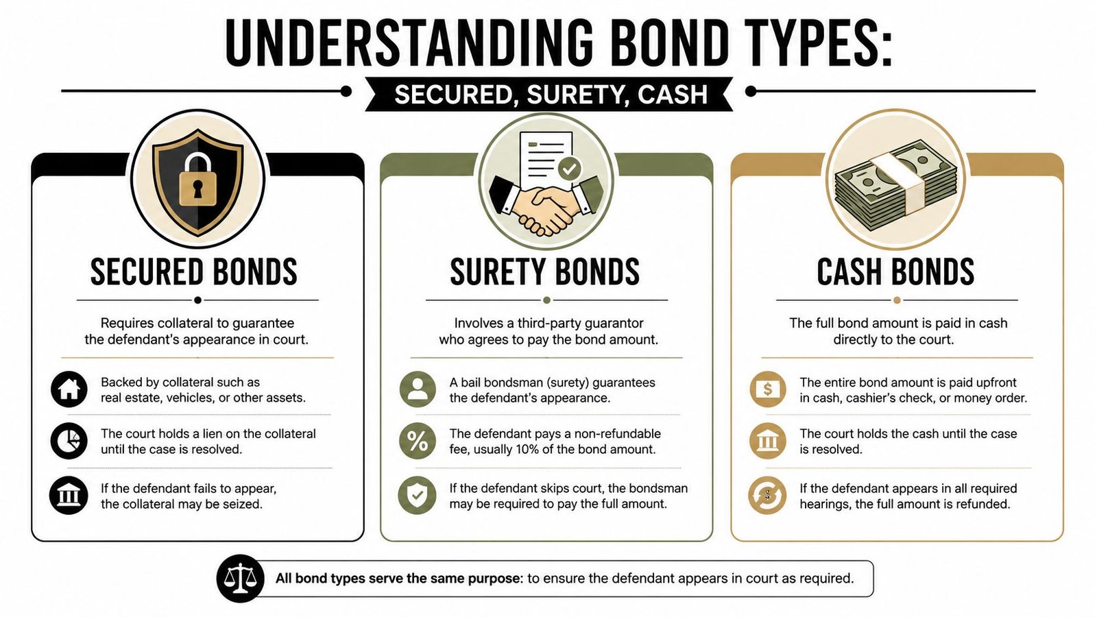 An infographic explaining different types of bail bonds including secured, surety, and cash bond definitions.