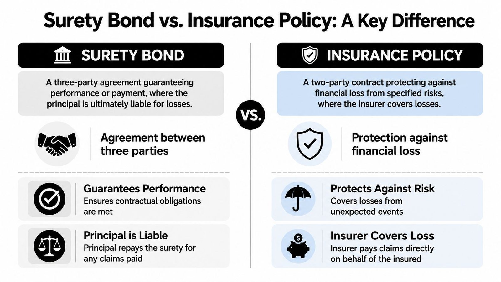 A comparison chart outlining the key differences between surety bonds and insurance policies for clarity.