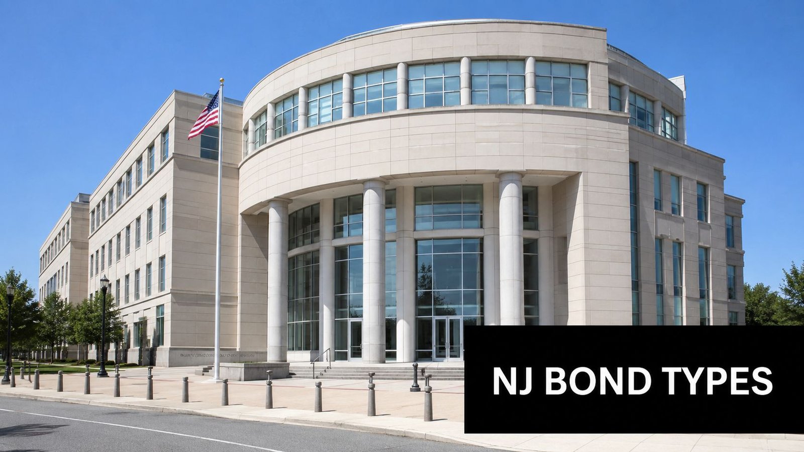 A modern stone courthouse building with a large American flag waving under a clear blue sky.