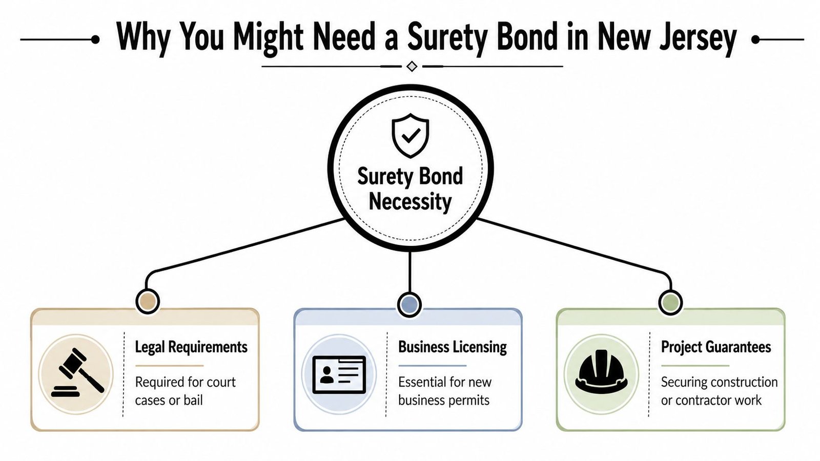 A diagram illustrating three main reasons for requiring a surety bond in New Jersey, including legal, business, and construction needs.