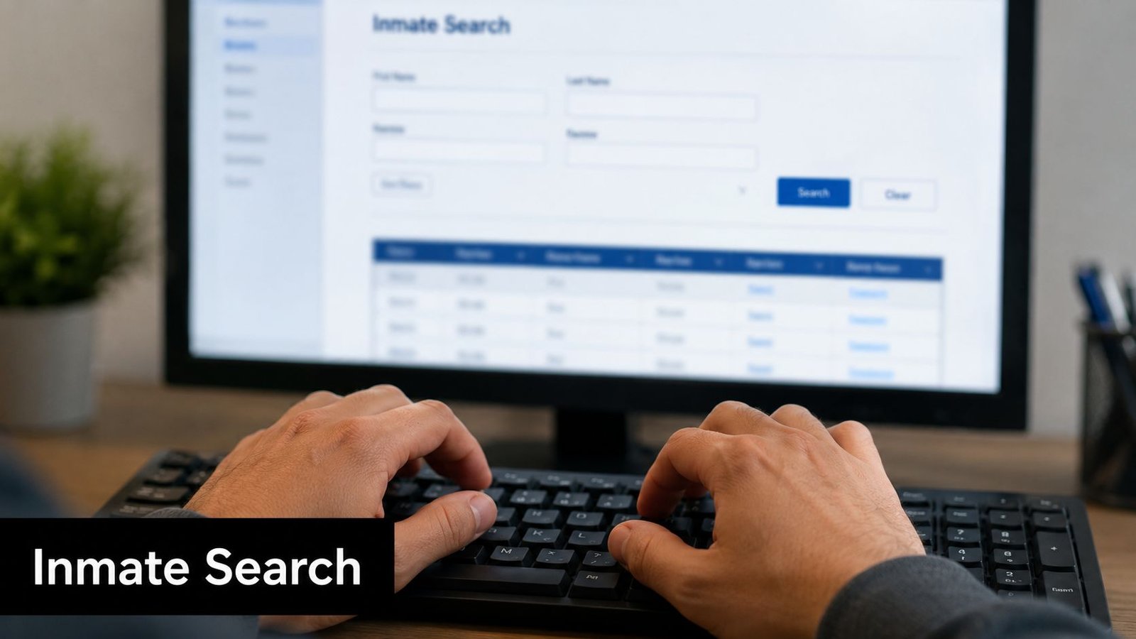 A person searching for inmate information using a desktop computer and keyboard at a workstation.