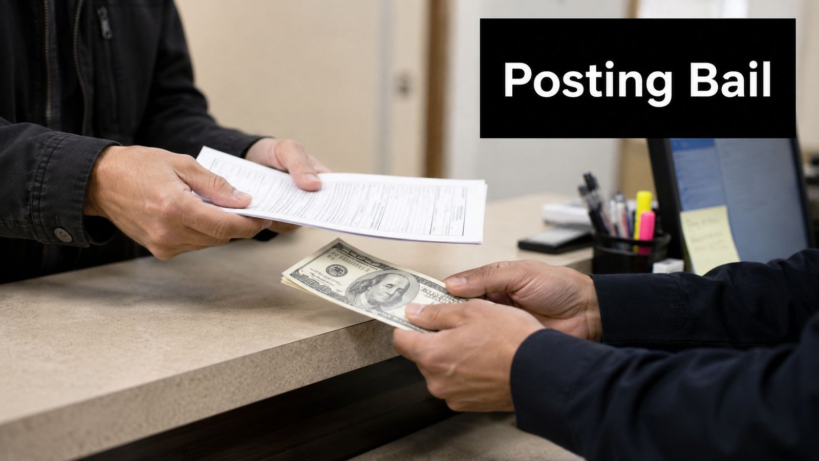 A person handing over paperwork and cash to a clerk to post bail at a government office.