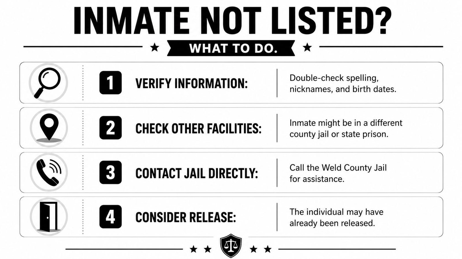 An instructional graphic on what to do if an inmate is not listed in the jail database.