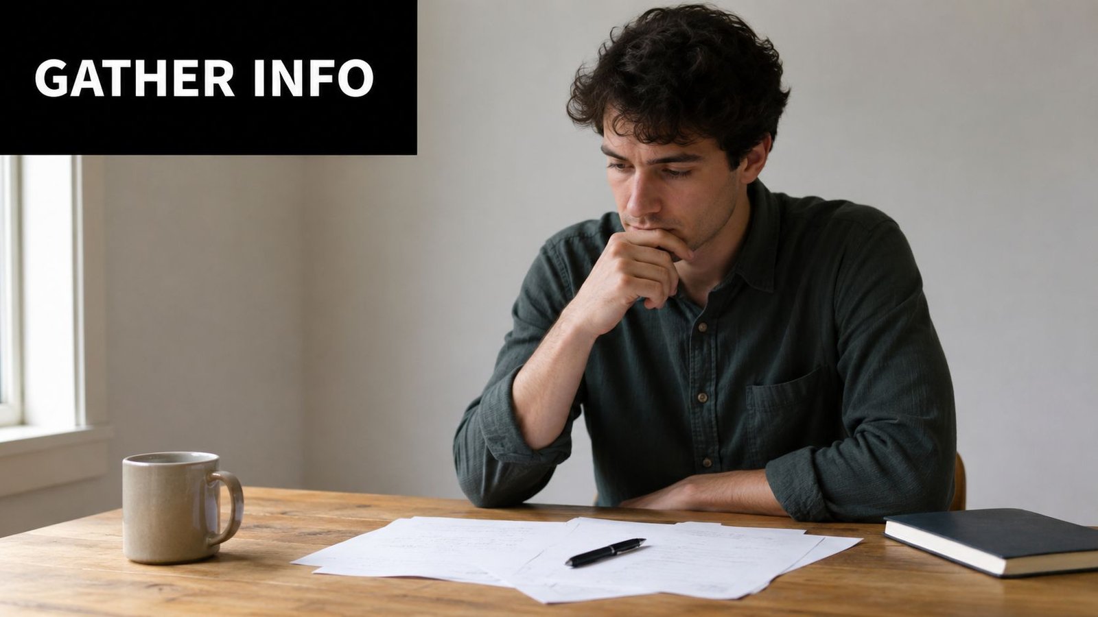 A man in a dark green shirt sitting at a table with papers, appearing pensive and thoughtful.