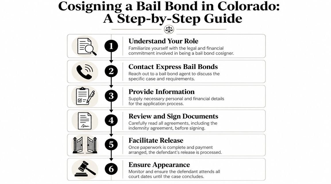 A six-step infographic detailing the process of becoming a bail bond cosigner in Colorado.