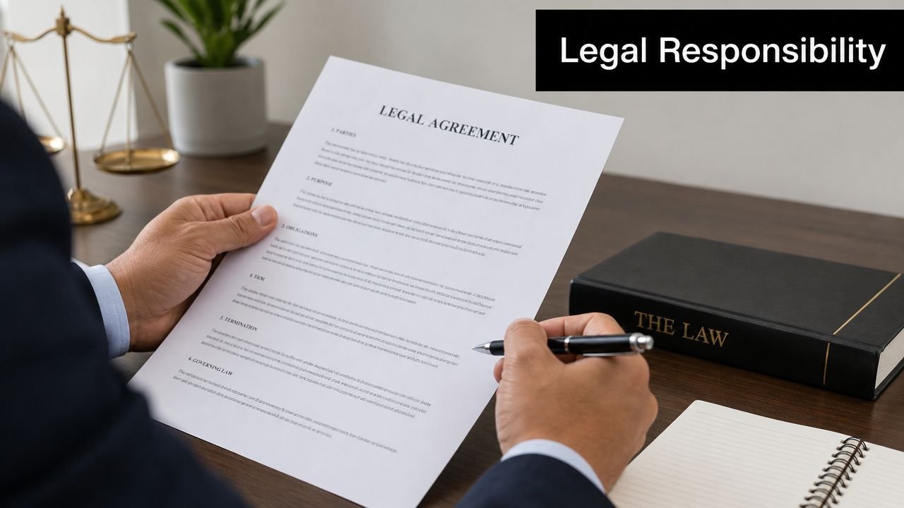 A professional in a suit reviewing a legal agreement with a pen while sitting at a desk.
