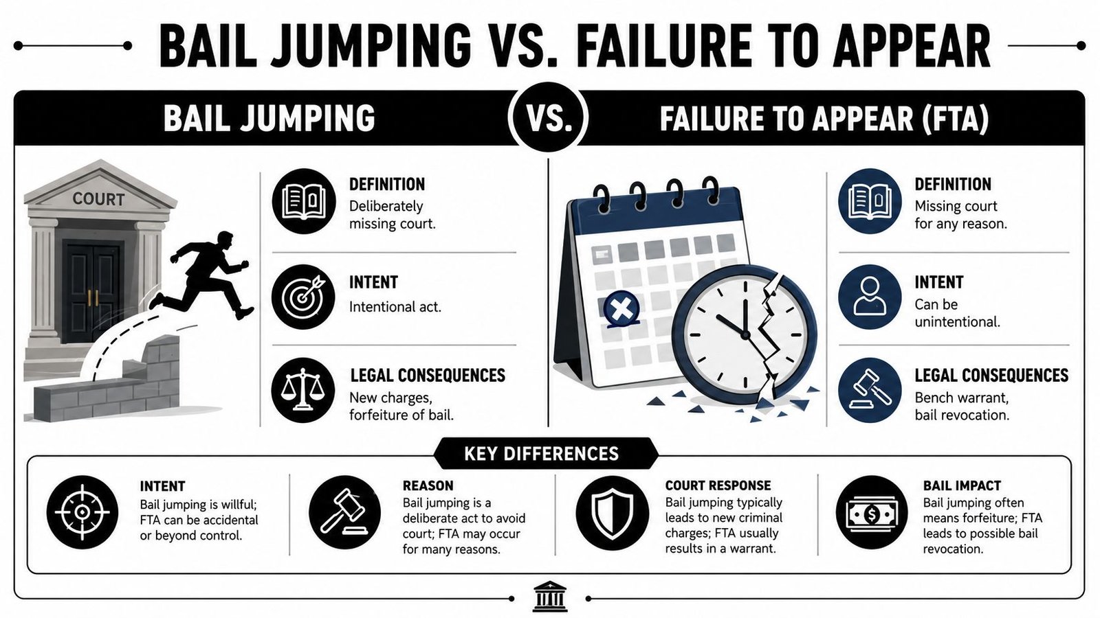 An infographic comparing the legal differences between bail jumping and failure to appear in court proceedings.