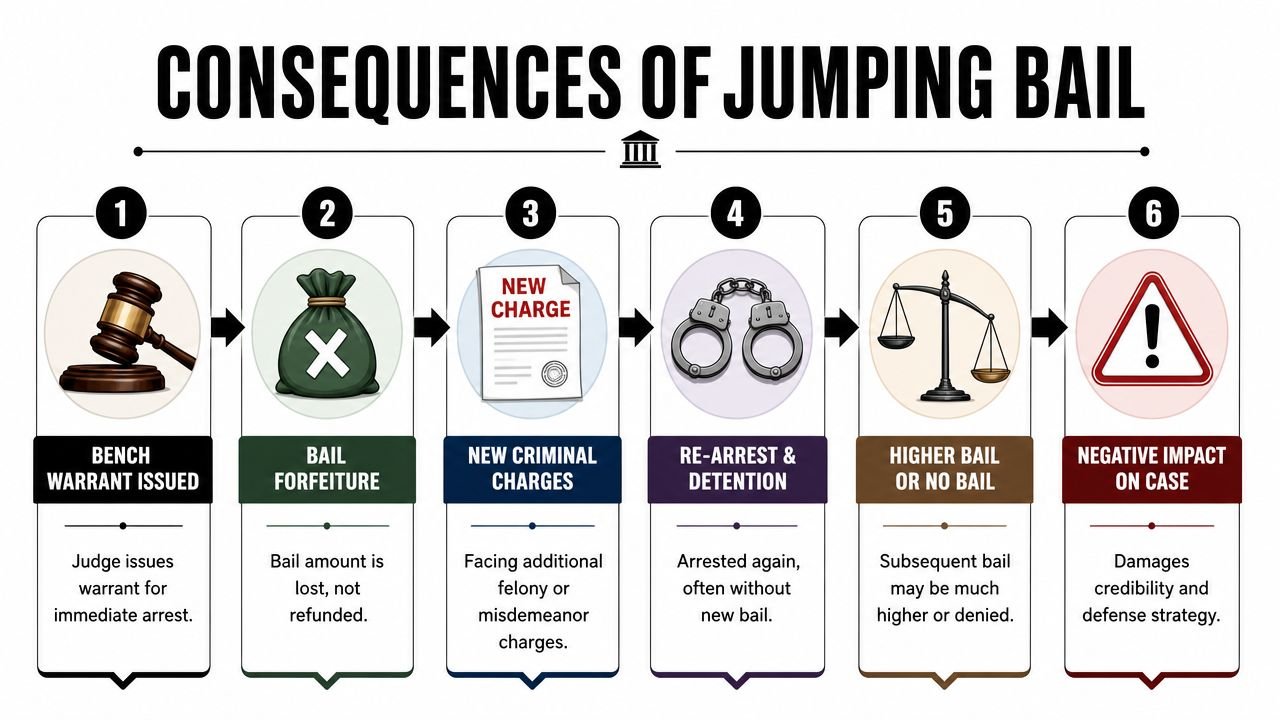 A six-step infographic illustrating the legal consequences of jumping bail, including warrants, forfeiture, and additional charges.