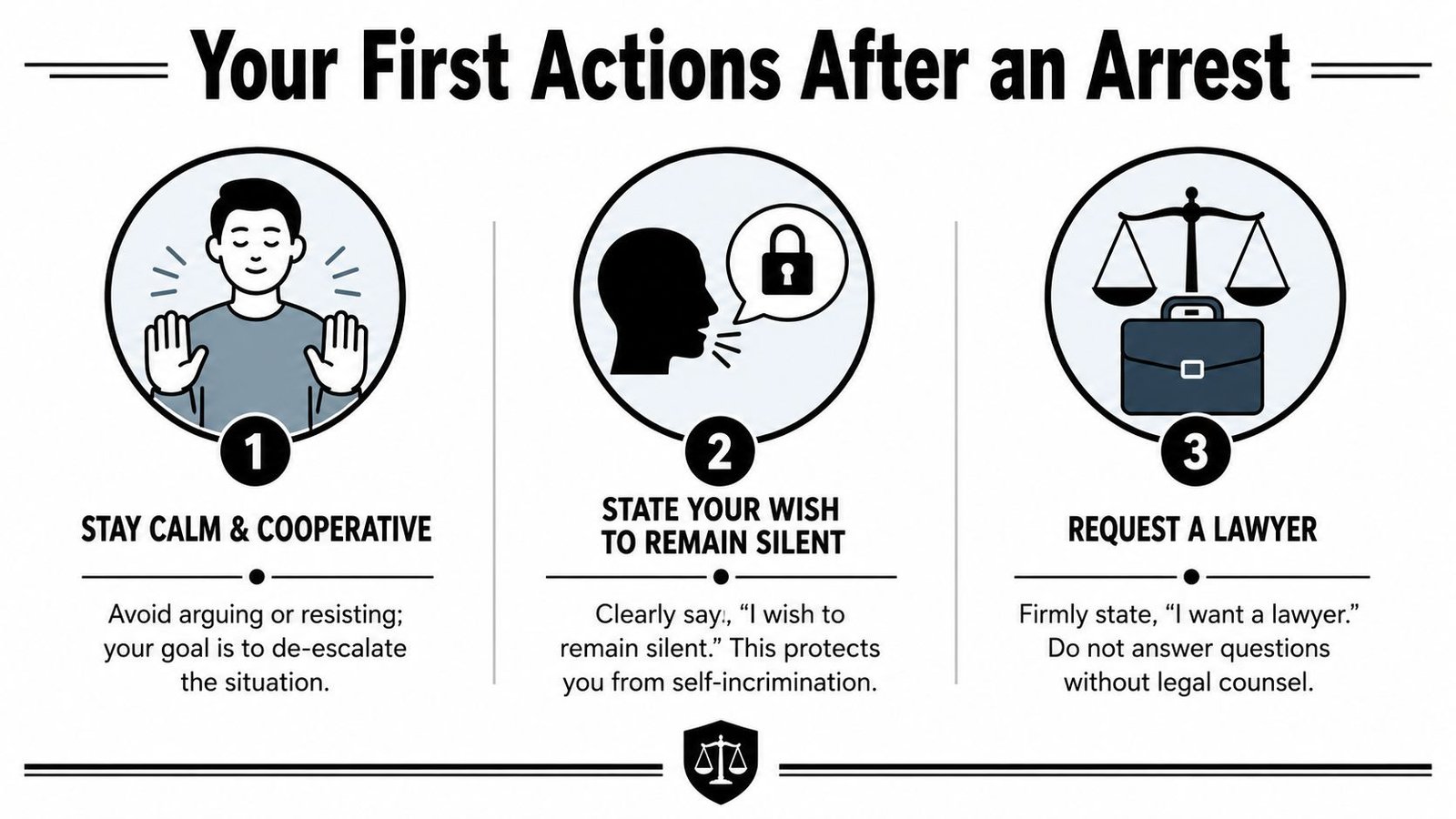 An infographic showing three steps to follow when arrested: stay calm, remain silent, and request a lawyer.