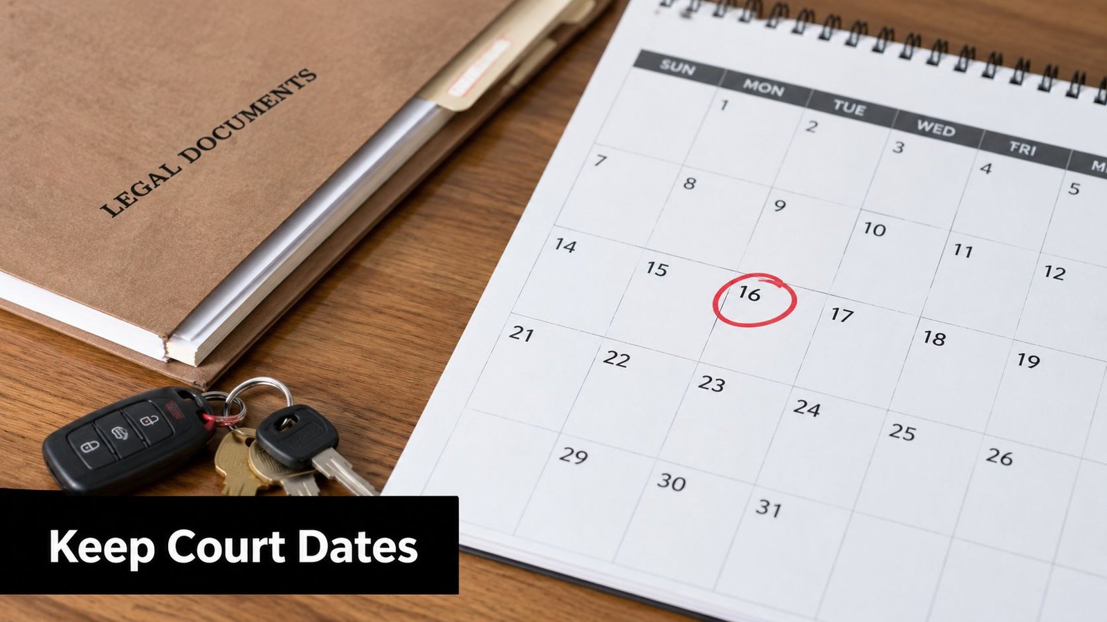 A brown legal documents folder, car keys, and a calendar with the sixteenth circled on a wooden desk.