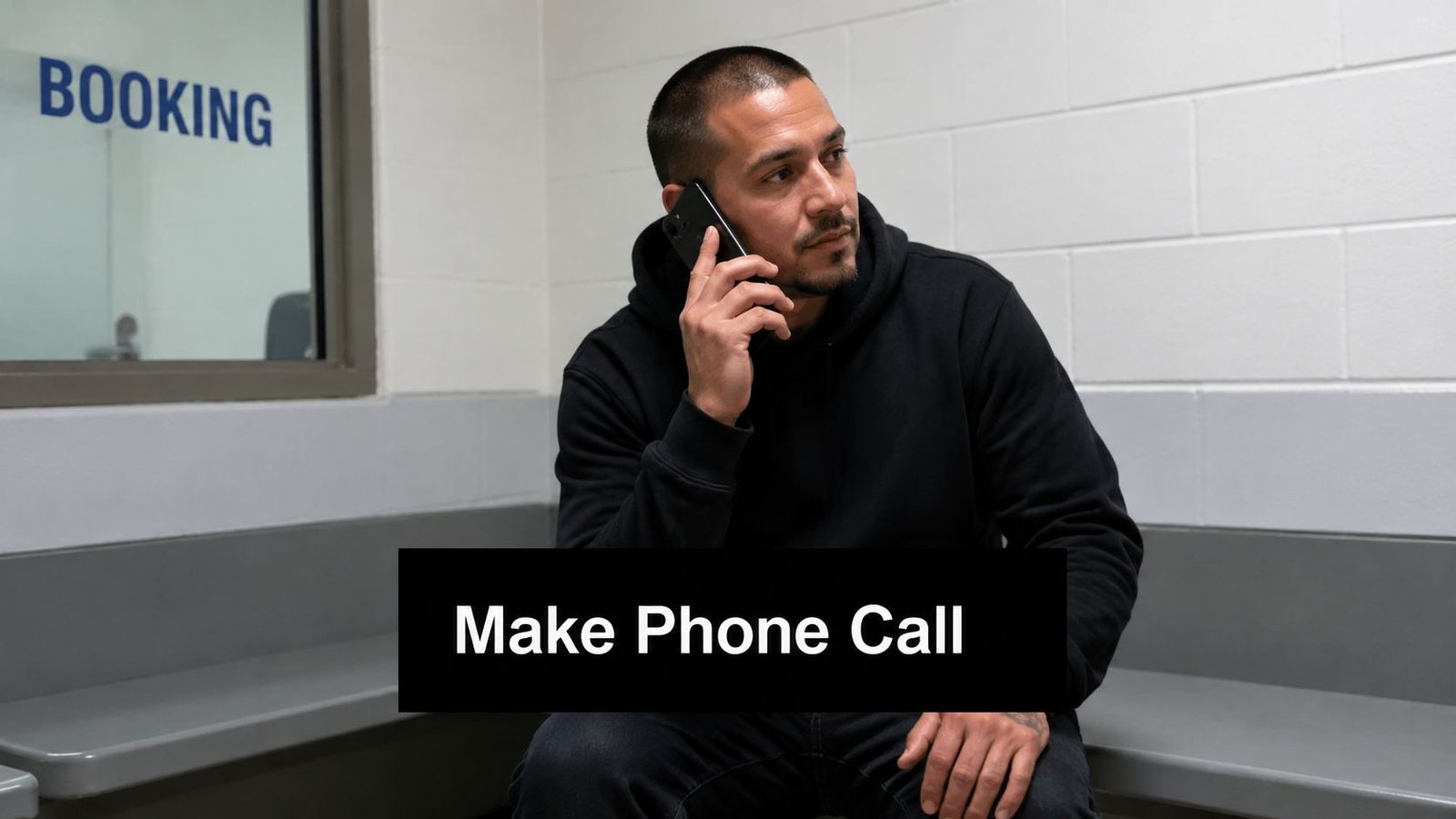 A man in a black hoodie making a phone call while sitting inside a jail booking area.