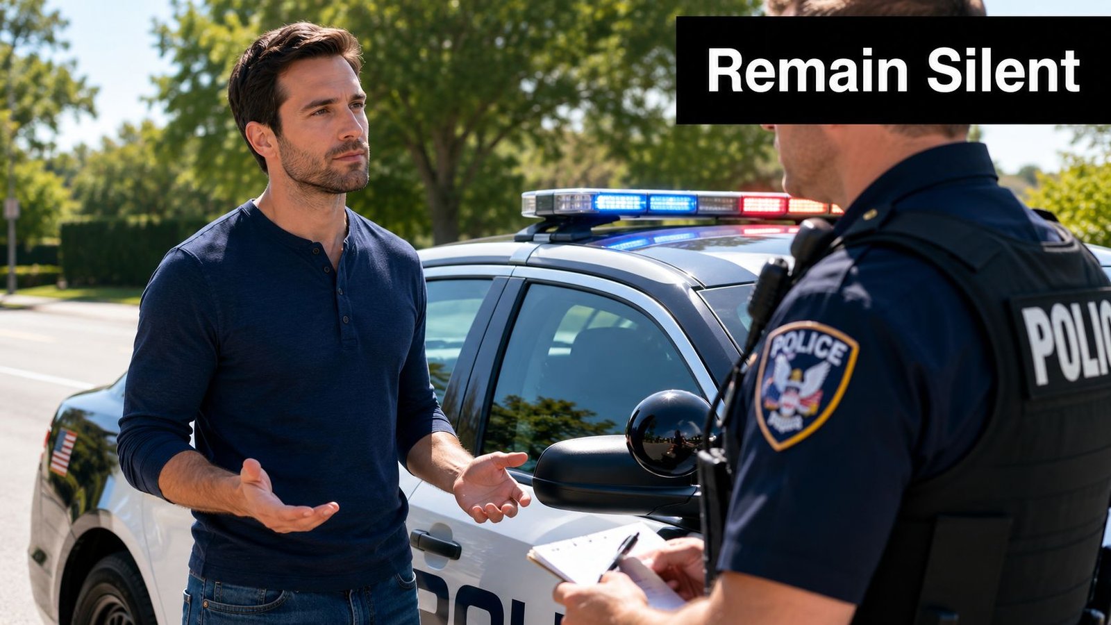 A man explaining something to a police officer during a roadside stop near a police car.