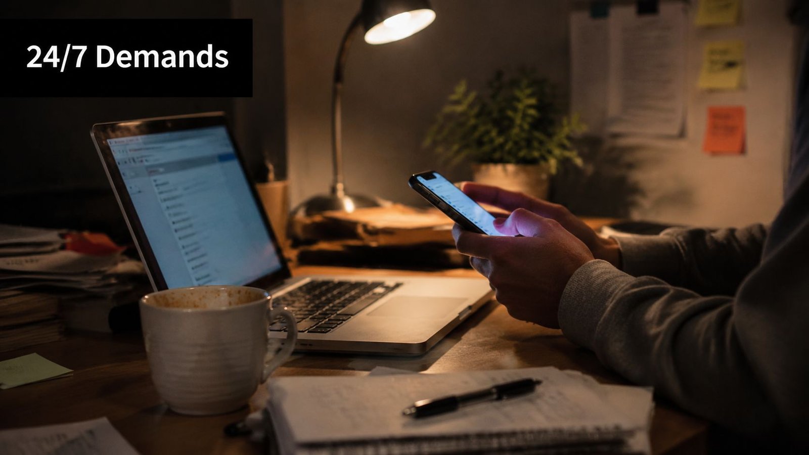 A person working late at night on a laptop and smartphone with a cup of coffee nearby.