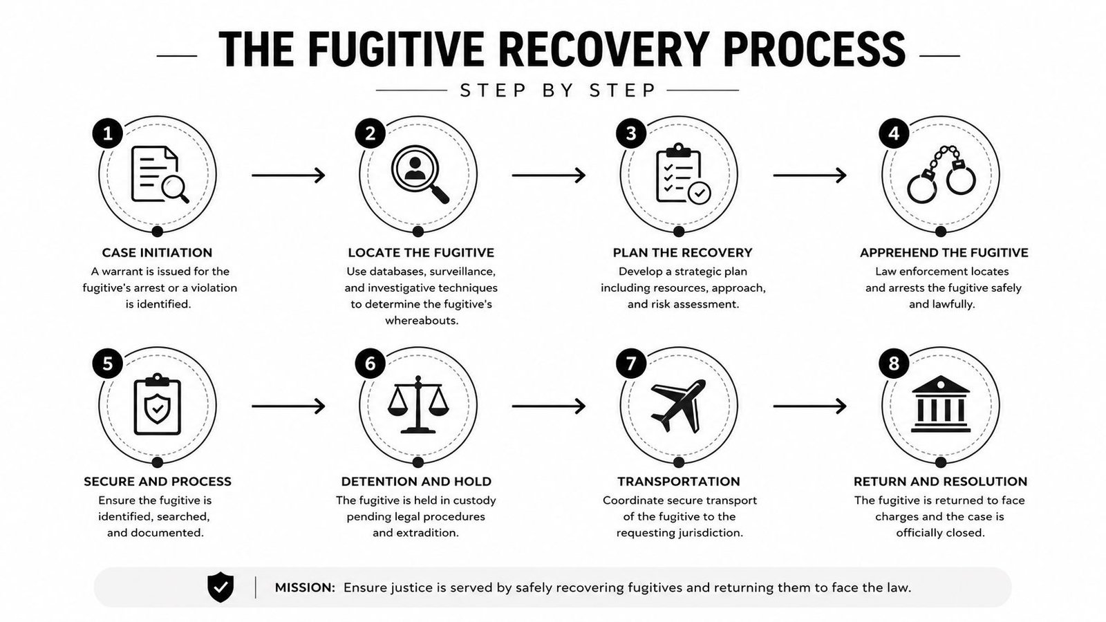 An infographic titled The Fugitive Recovery Process outlining eight steps from case initiation to final resolution.