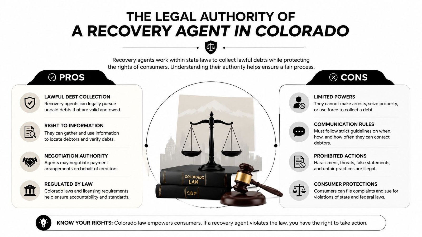 An infographic titled The Legal Authority of a Recovery Agent in Colorado, outlining consumer rights and laws.
