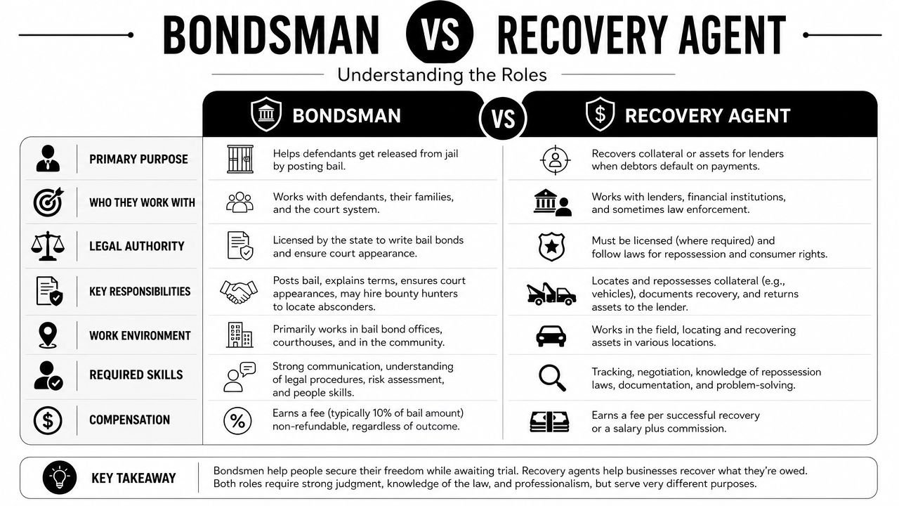 A comparison chart outlining the differences between the roles of a bondsman and a recovery agent.