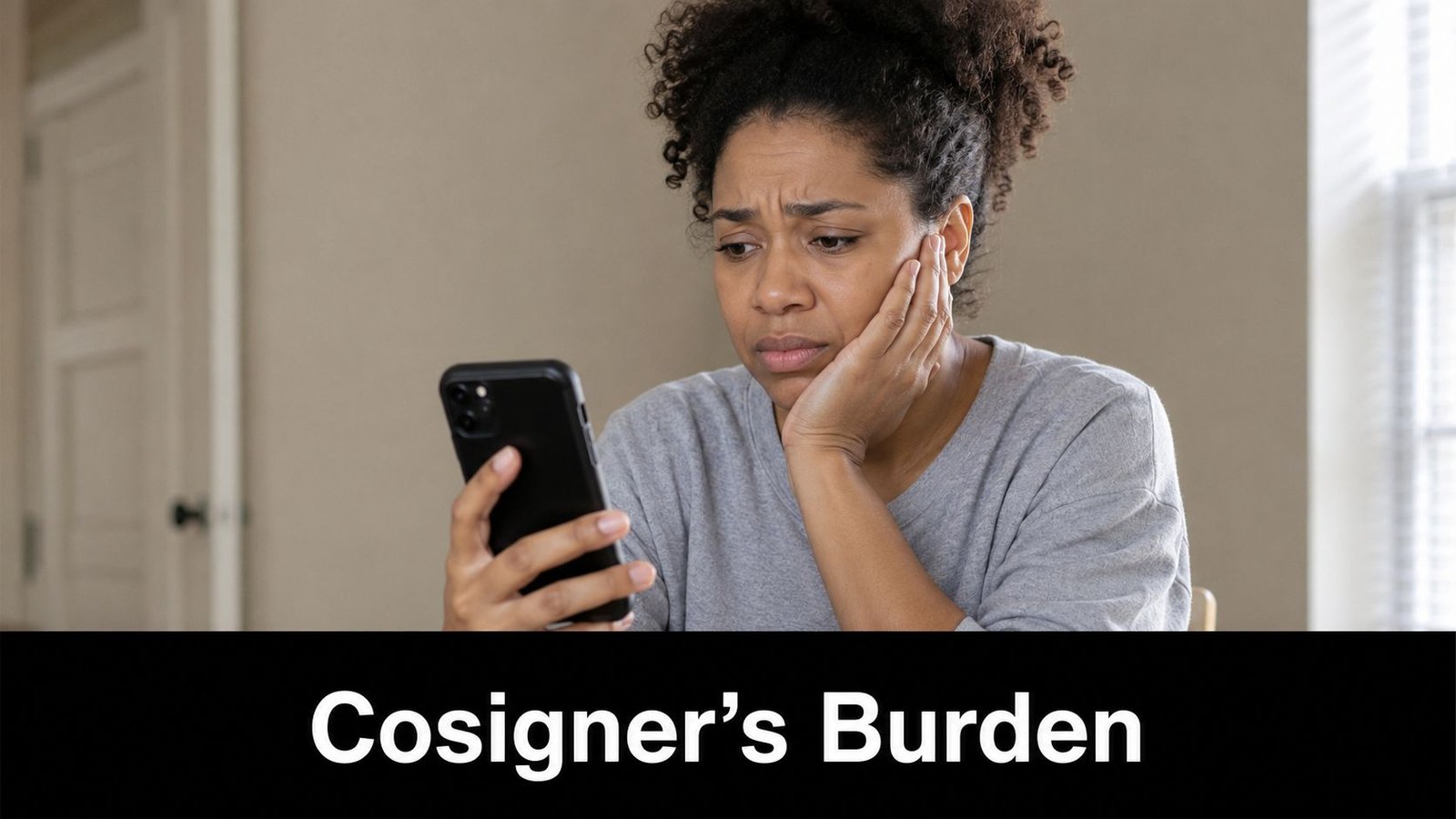 A concerned woman looks at her smartphone screen while dealing with the stress of financial responsibilities.