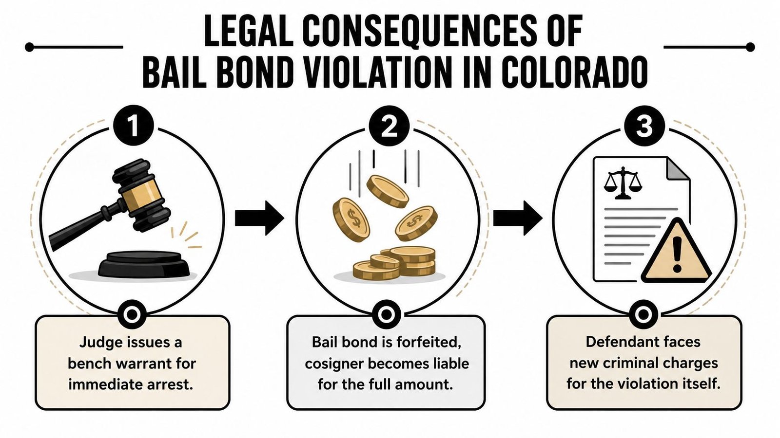 An infographic showing three legal consequences of a bail bond violation in Colorado.
