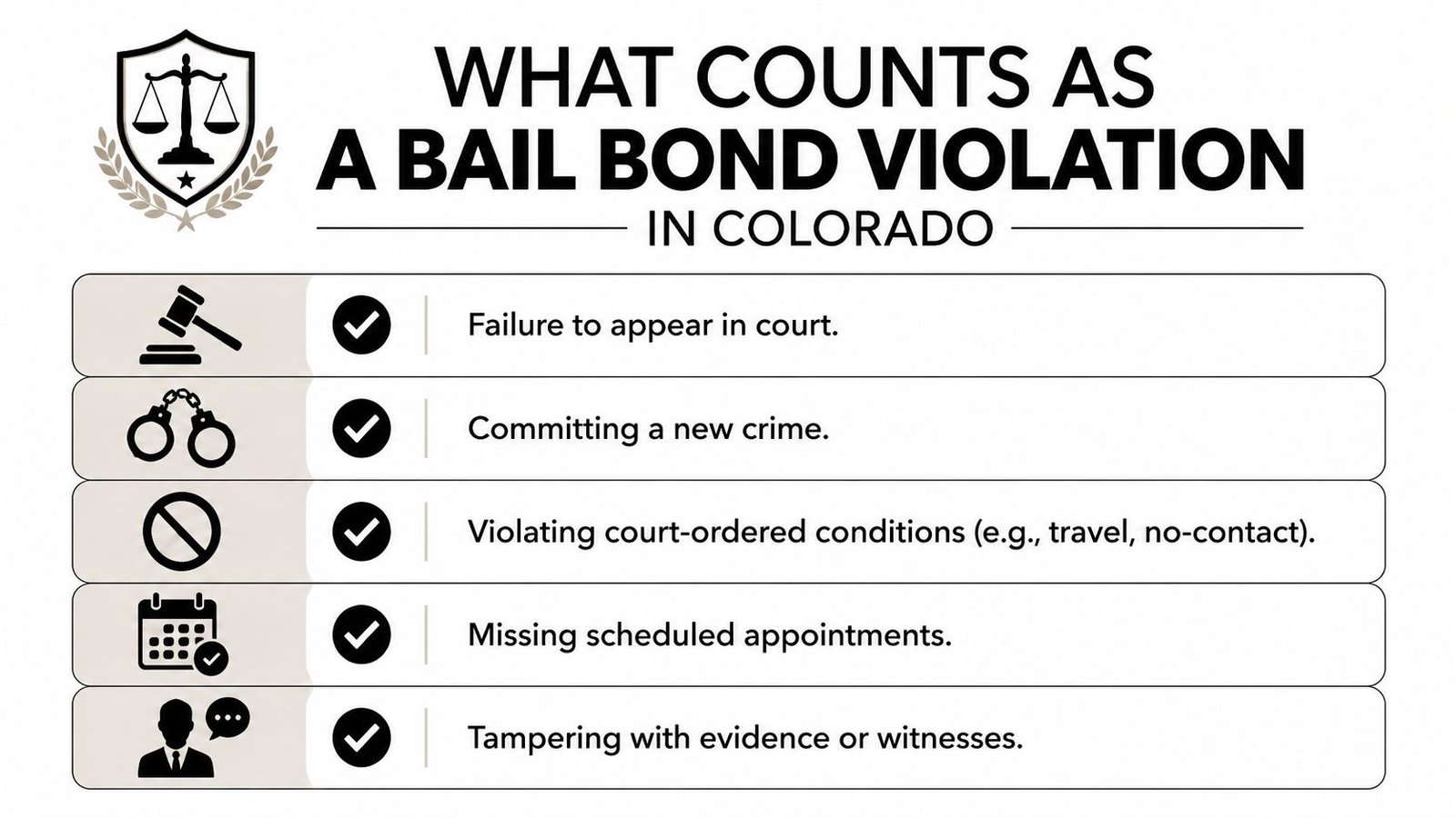 An infographic titled What Counts as a Bail Bond Violation in Colorado listing five common examples.