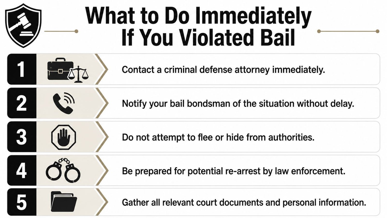 A five-step guide on what actions to take immediately if you have violated your bail terms.