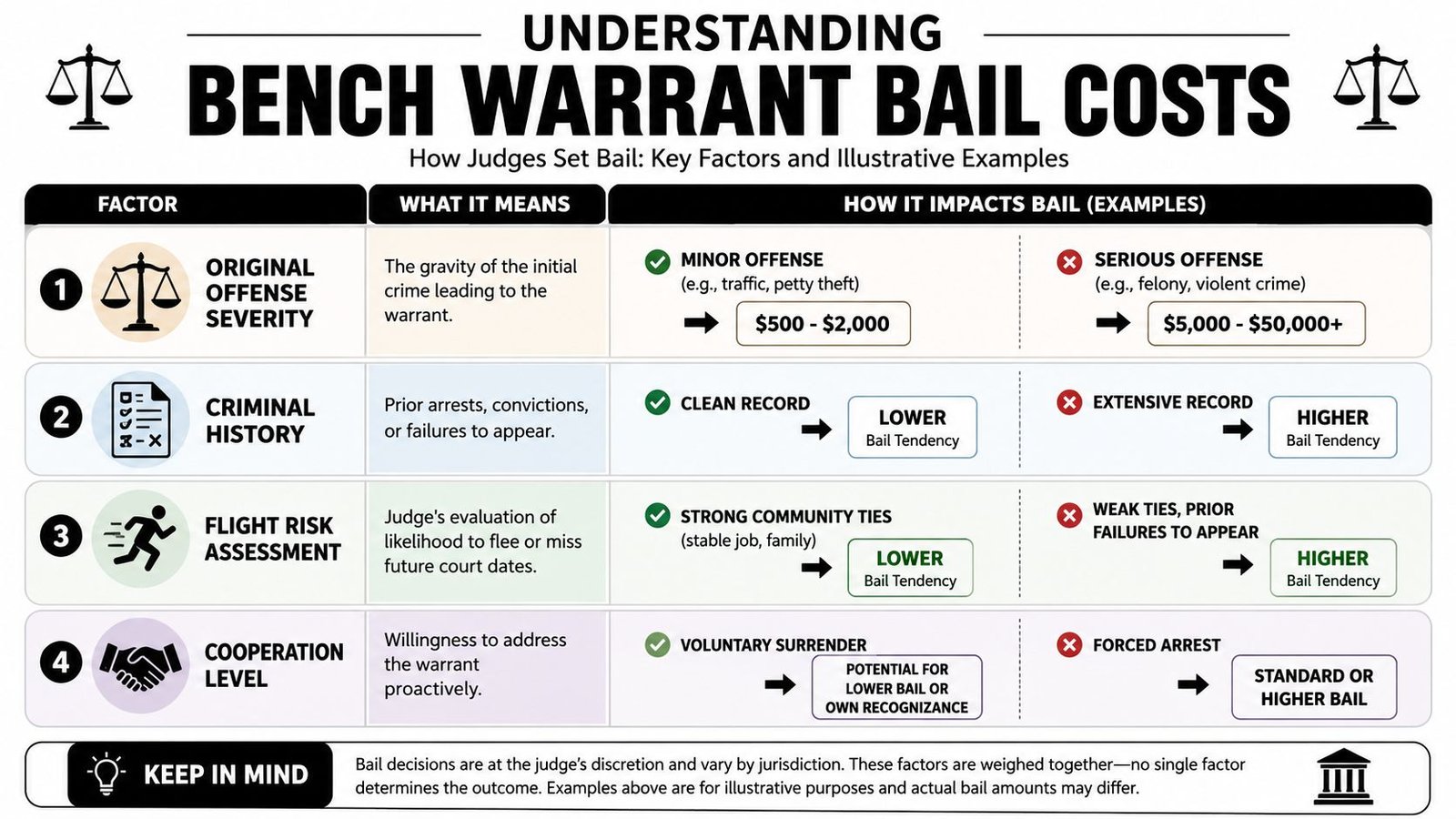 A chart explaining four key factors judges use to determine bail amounts for a bench warrant.
