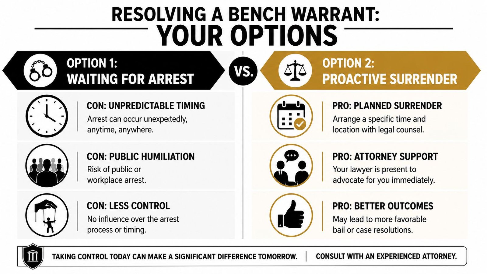 A comparison infographic showing the pros and cons of waiting for arrest versus proactive surrender for bench warrants.