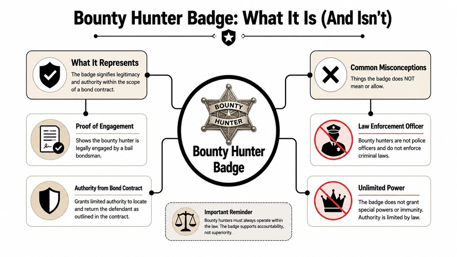 An infographic titled Bounty Hunter Badge: What It Is and Isn't explaining its legal purpose and limitations.