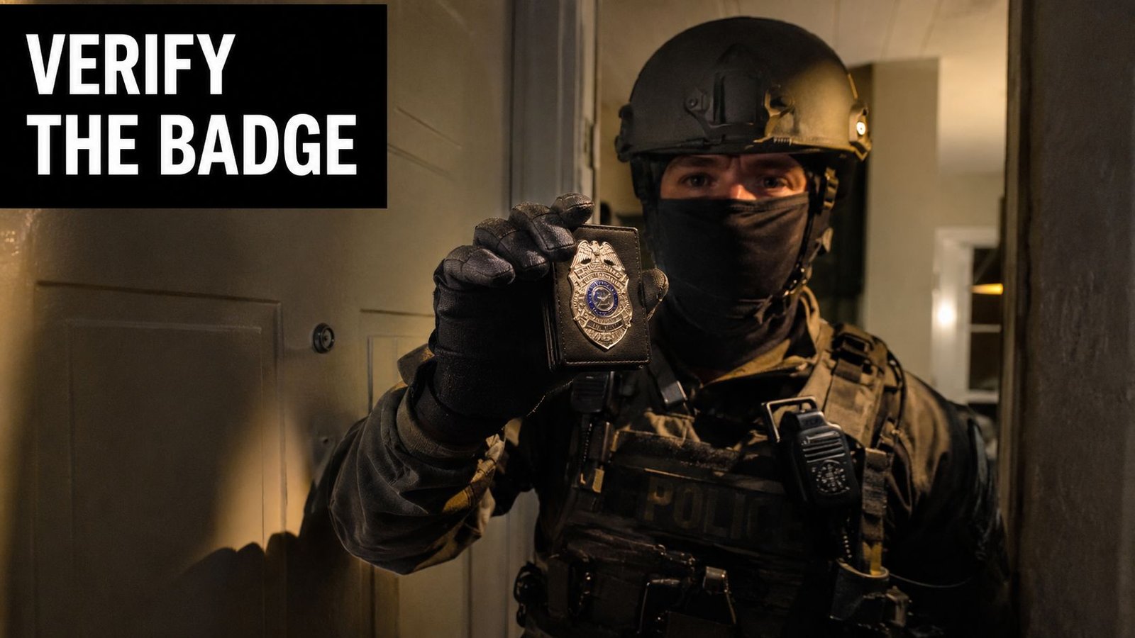 A tactical police officer in uniform and a balaclava holding up an official identification badge for verification.