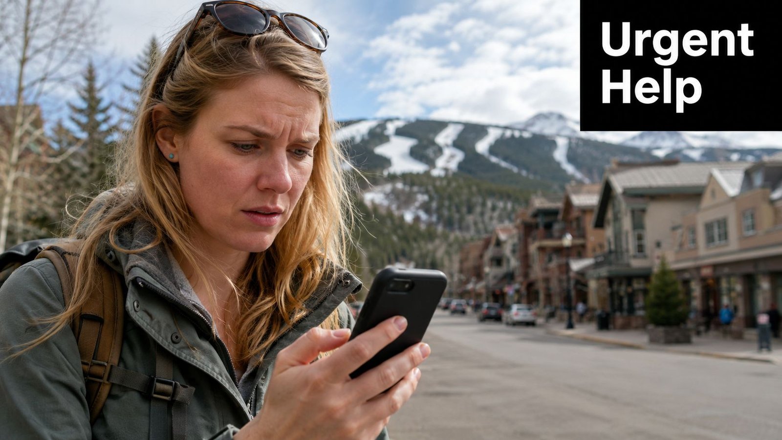 A concerned woman checking her smartphone while standing on a street in Breckenridge, Colorado.