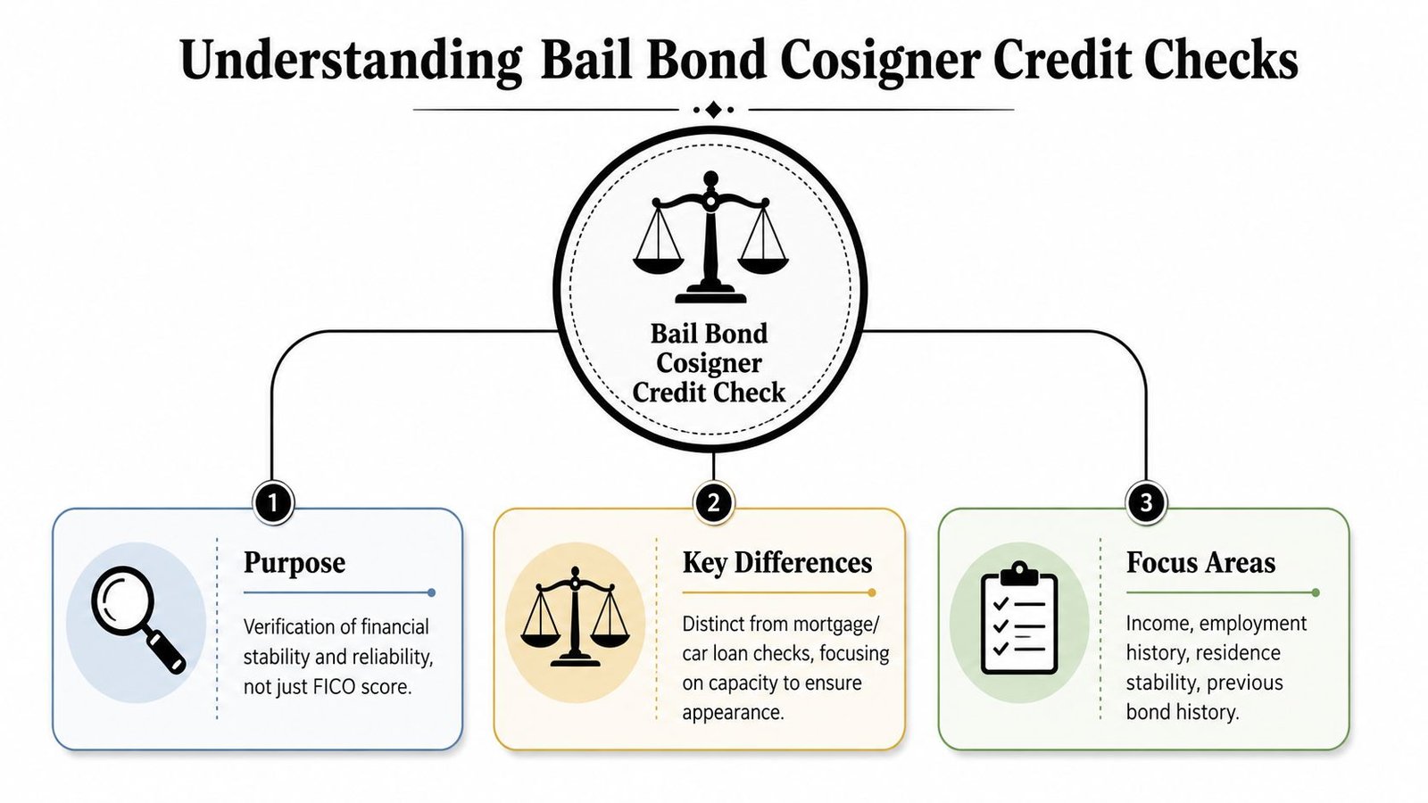 An infographic detailing the purpose, differences, and focus areas of bail bond cosigner credit checks.