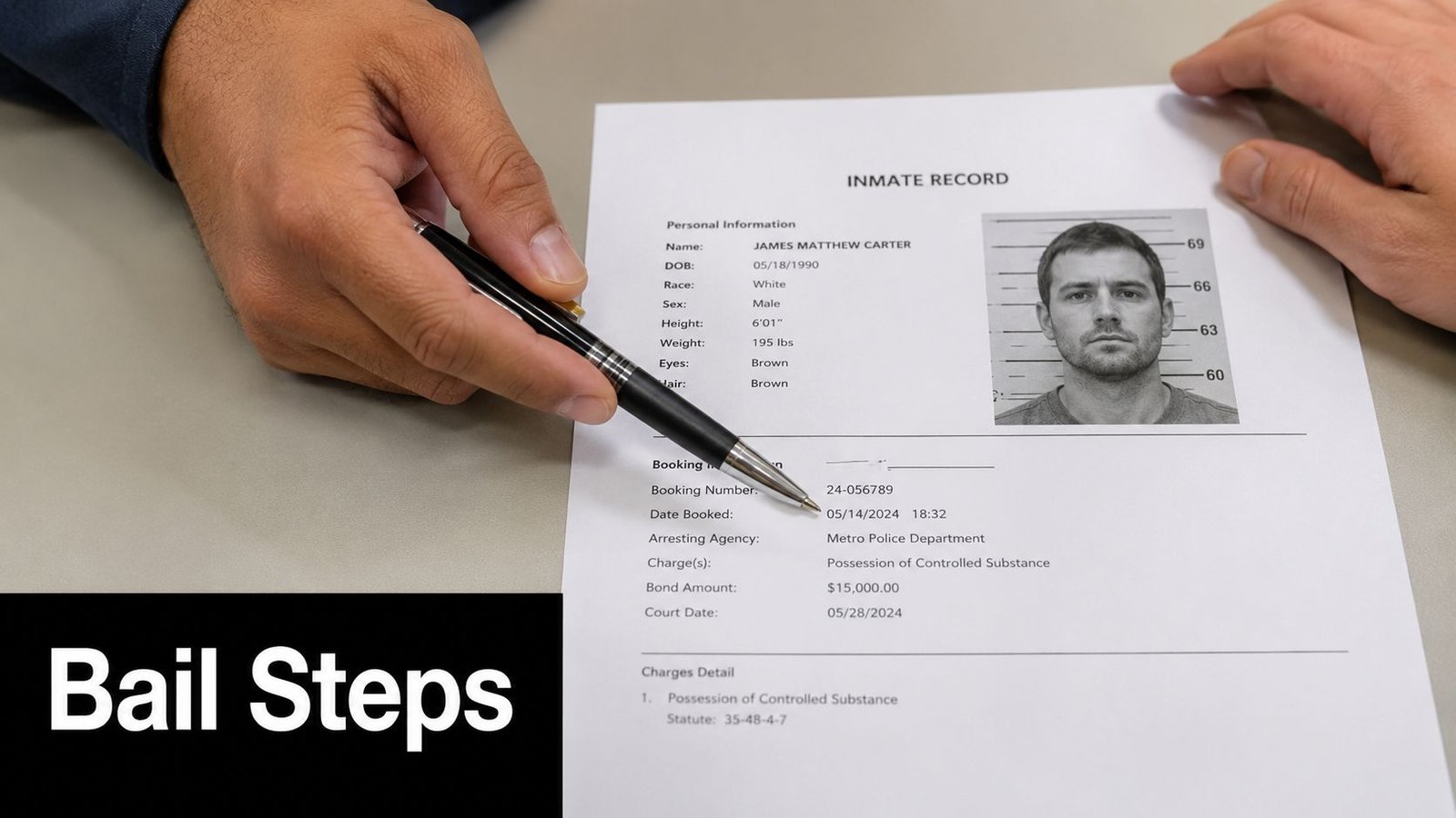 A person pointing with a pen at a paper inmate record form showing booking details and a mugshot.
