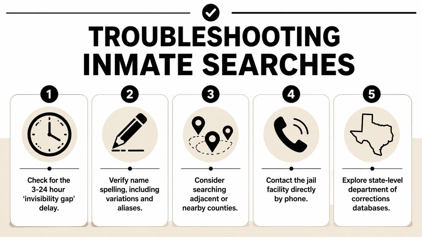 An infographic titled Troubleshooting Inmate Searches providing five numbered tips for finding people in jail.