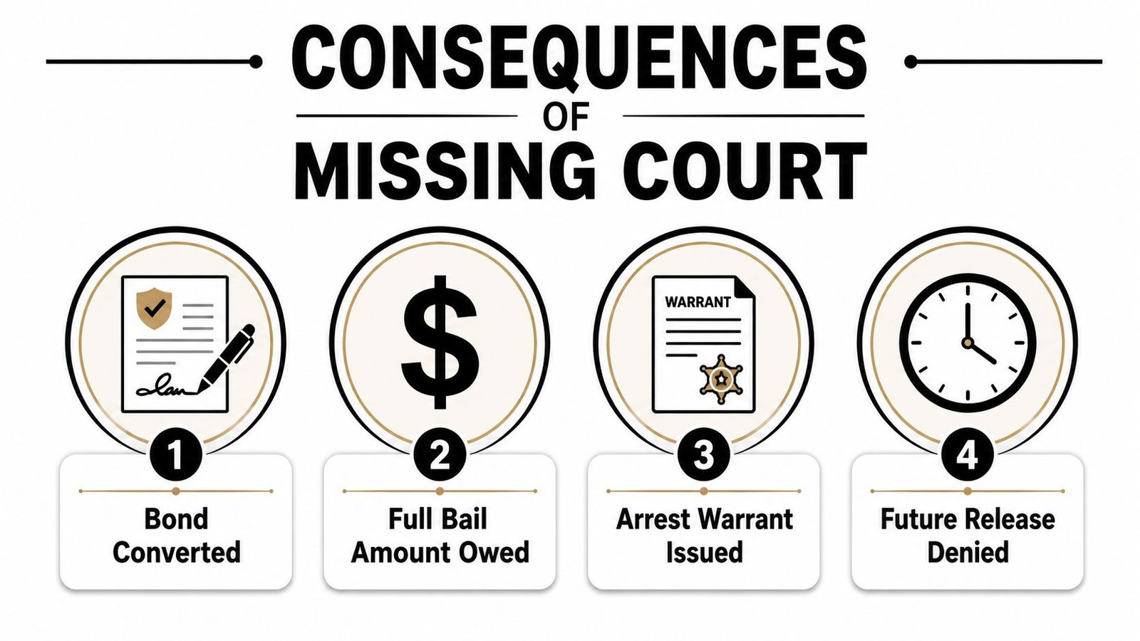 An infographic showing four legal consequences of missing a scheduled court appearance, including financial and arrest penalties.